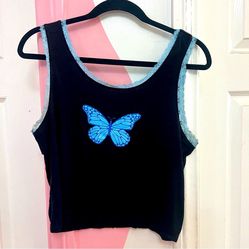 Y2K Black Tank Top with Blue Butterfly